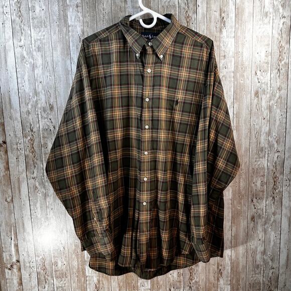 Polo Ralph Lauren Button Up Shirt Mens 2XL Olive Green Orange Plaid Retro Preppy - Picture 1 of 8